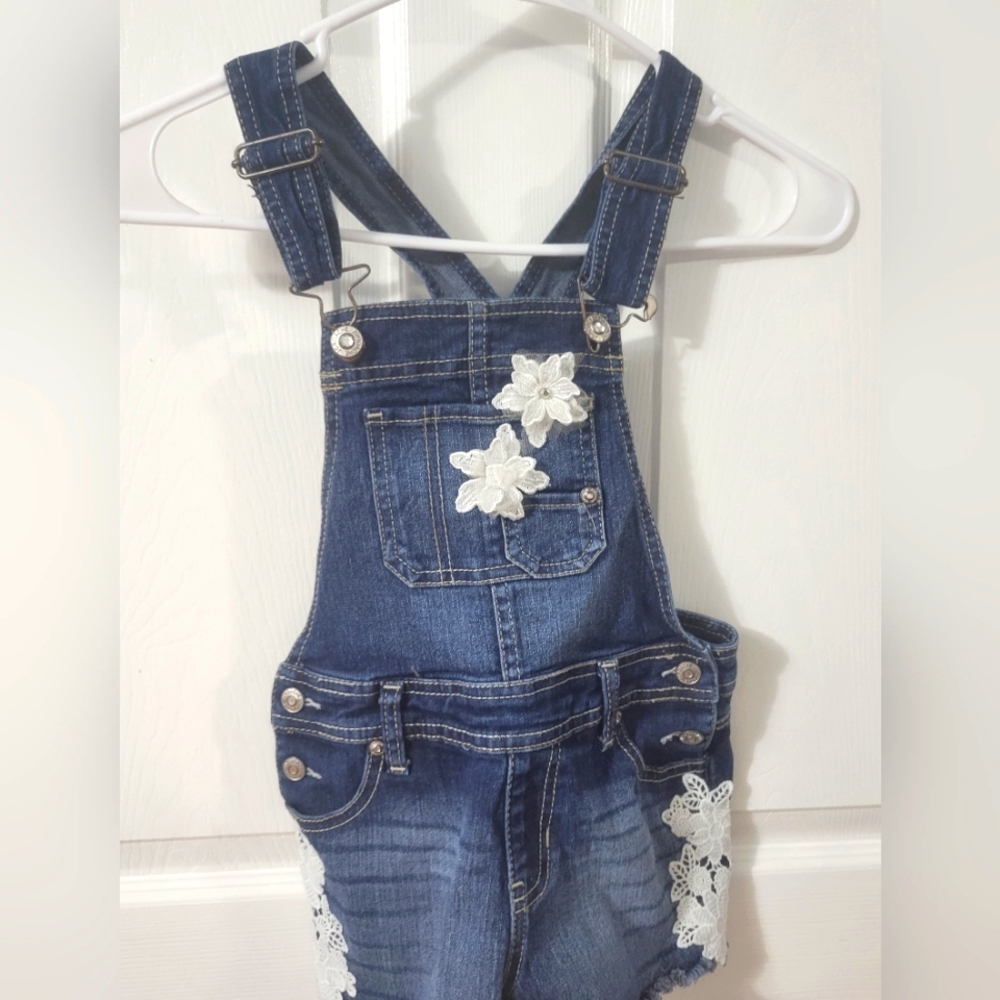 Dark Jean short overalls with white decorating flower